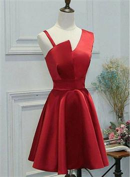 Picture of Red Color One Shoulder Satin Knee Length Homecoming Dresses Party Dresses, Short Prom Dresses Formal Dresses